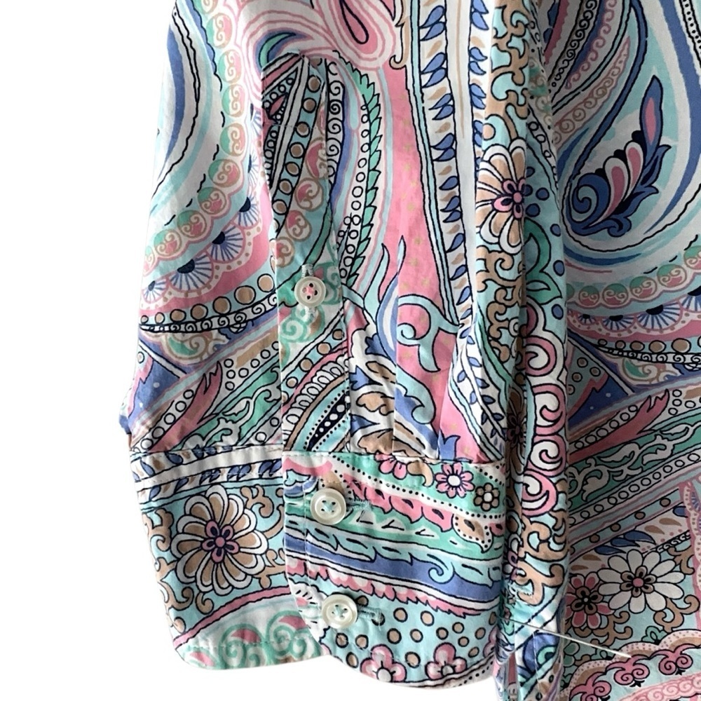 TALBOTS LONG SLEEVE PAISLEY BLOUSE BUTTON FRONT PURE COTTON PINK & BLUE | LARGE - Picture 6 of 11